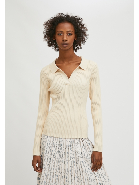 Jersey ajustado canalé cuello polo, beige Jersey ajustado canalé cuello polo, beige