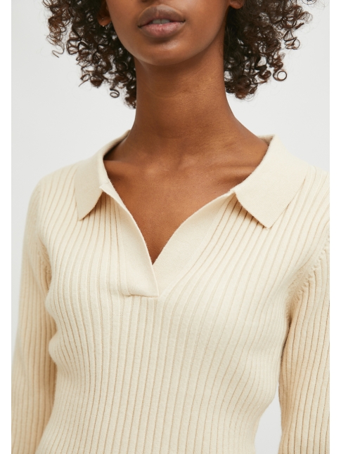 Jersey ajustado canalé cuello polo, beige Jersey ajustado canalé cuello polo, beige